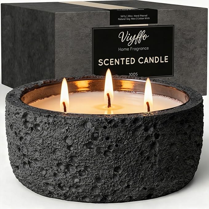 Viyffo 20oz Large Scented Candle - Sage & Eucalyptus, 3 Wick Home Scented Candle, Non Toxic Soy, Black Textured Ceramic Jar, Luxury Fragrance, Modern Home Décor & Summer Gift for Men and Women