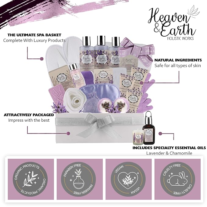 Valentines Gift Baskets for Women Spa Day! Natural Lavender Chamomile Spa Bath Sets for Women Gift Infused with Essential Oils. Sulfate Free Lavender Bath Set Spa Gift Set