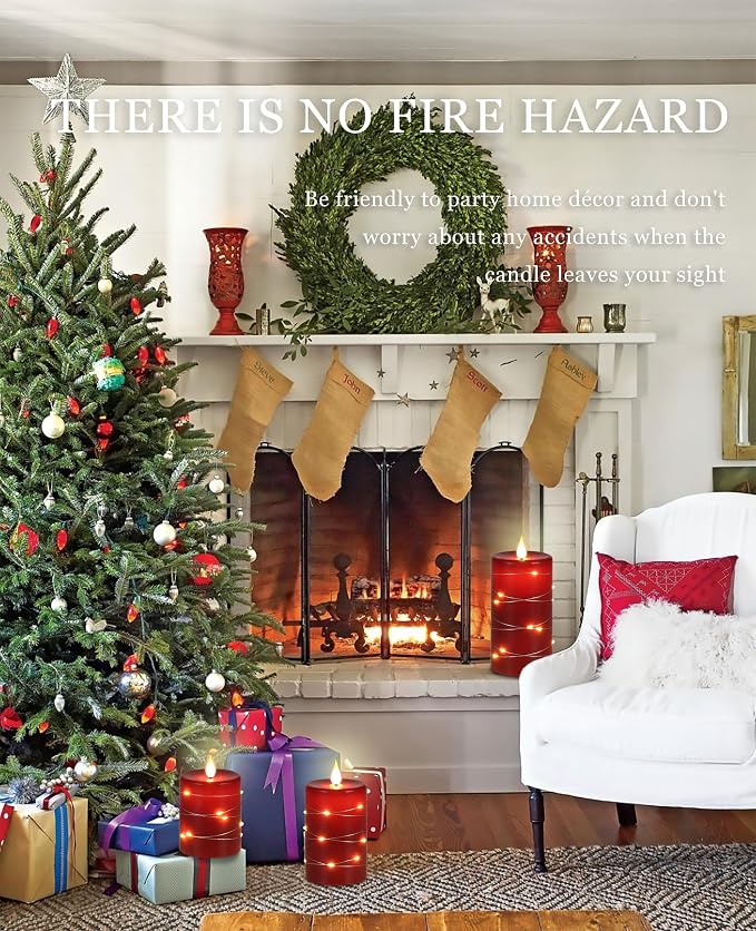 Red Flameless Candles with String Lights Battery Operated LED Pillar Candles 4‘’ 5‘’ 6‘’ Candle with Remote Control,Fake Candle Set of 3 for Christmas or Special Festivals Decorations