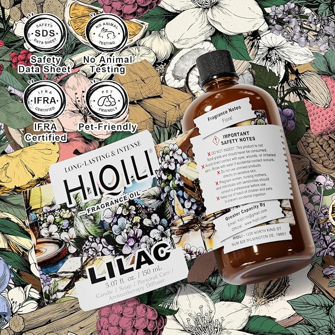 HIQILI Lilac Fragrance Oil for DIY Perfume, Candle & Soap Making, Soft Floral Scents for Essential Oils Diffuser - 5.07 Fl Oz