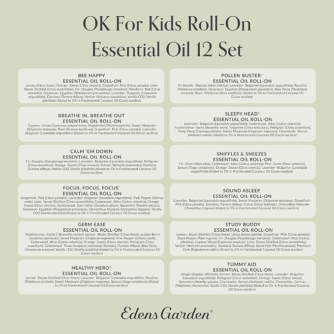 Edens Garden OK For Kids Essential Oils Roll-On 12 Set – 100% Pure Therapeutic Grade, Pre-Diluted Aromatherapy Blends for Calming & Gentle Skin Care – Natural & Family Friendly, Roll-On 10 ml/ 12 Pack