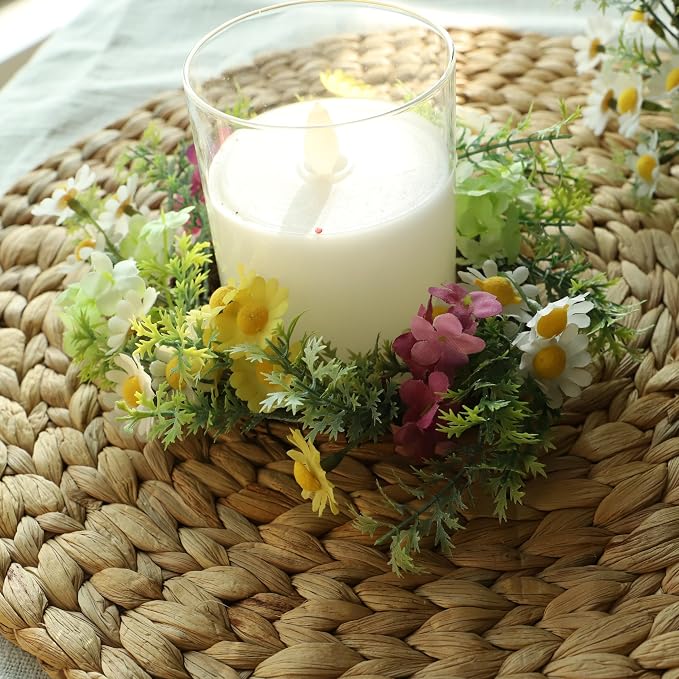 Daisy Candle Ring 2 Pcs 3'' (Inner) 6'' (Outer) Diameter Floral Spring Wreath with Artificial Daisy - Ideal Easter Candle Holders Easter Centerpieces for Tables