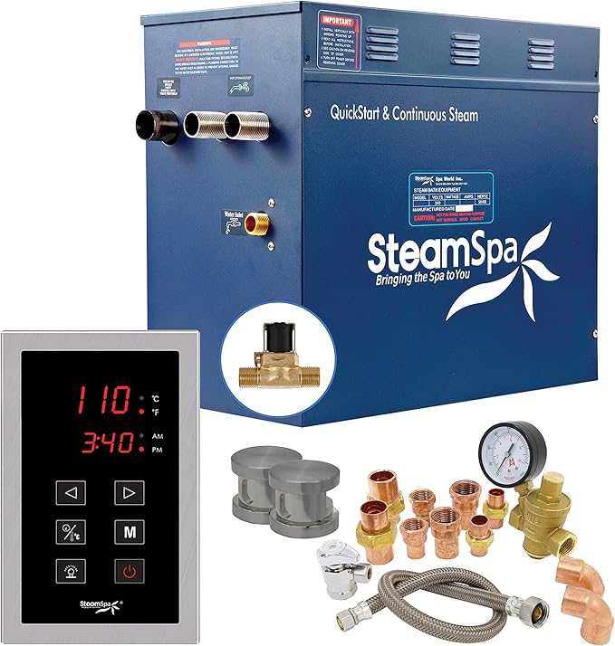 10.5kW Steam Sauna Generator Premium Bundle 240V Steam Generator with Touch Pad Control, Steamheads, Pressure Relief Valve, Built-in Auto Drain and Plumber Quick Install Kit PRT1050BN-A