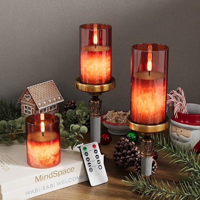 VIODAIM Ice Crystal Real Wax Glass Flameless Candles with Remote & Timer, Battery Operated Candles with Warm Flickering Flame, Realistic LED Candle for Wedding Home Decor [D3×H4/5"/6"] Red, 3Pack