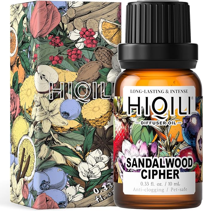 HIQILI Sandalwood Cipher Diffuser Oil, Ideal for Scent Diffuser, Car Air fresheners, Relaxing & Cozy, Long Lasting - 0.34 Fl Oz