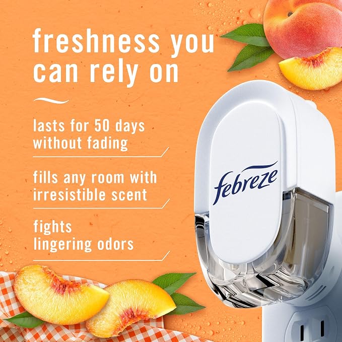 Febreze Plug In Air Freshener, Odor-Fighting Scented Oil Refill, Air Fresheners for Home and Bathroom and Kitchen, Long Lasting for Strong Odors, Juicy Summer Peaches Scent, 0.87oz Refills, 4 Count