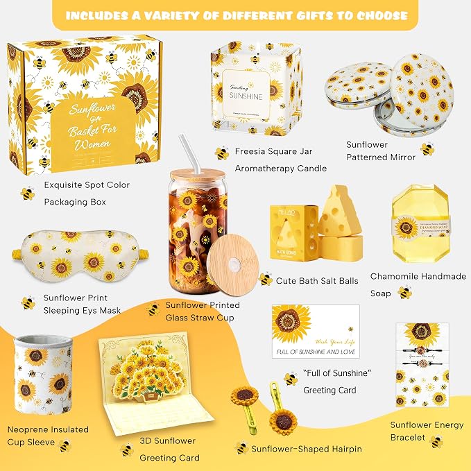 Sunflower Gift Baskets for Women, Sending Sunshine Unique Birthday Cheer Up Self Care Package, Get Well Soon Spa Gifts Set - Thinking of You Gift for Lover, Her, Girls, Women, Sister, Mom