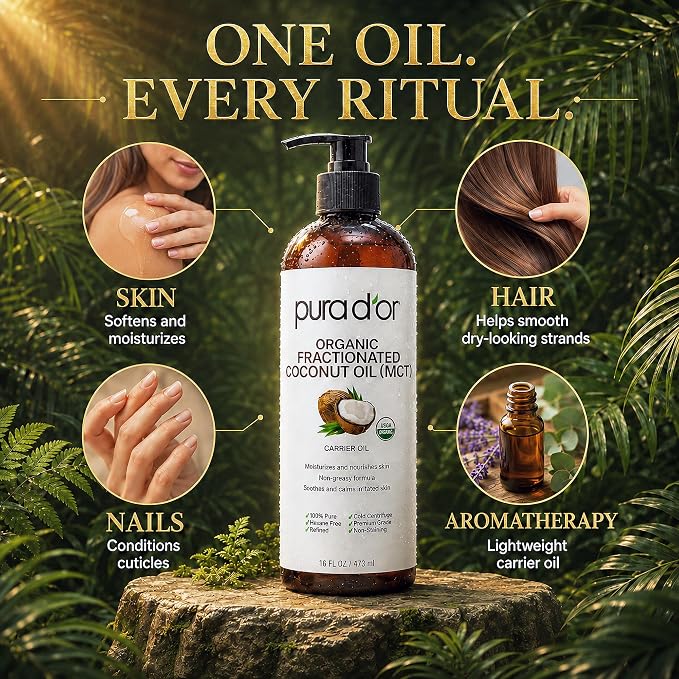 PURA D'OR ORGANIC Fractionated Coconut Oil MCT Oil (16 Oz) 100% Pure & Natural USDA Certified