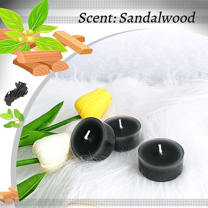 Smoked Sandalwood Scented Tealight Candles, Black Scent Tea Lights Candles Clear Cup, 24 Pack Colored Tealights Candle, 6 Hour Burn Time Tea Candles for Party, Decor, Spa, Shabbat