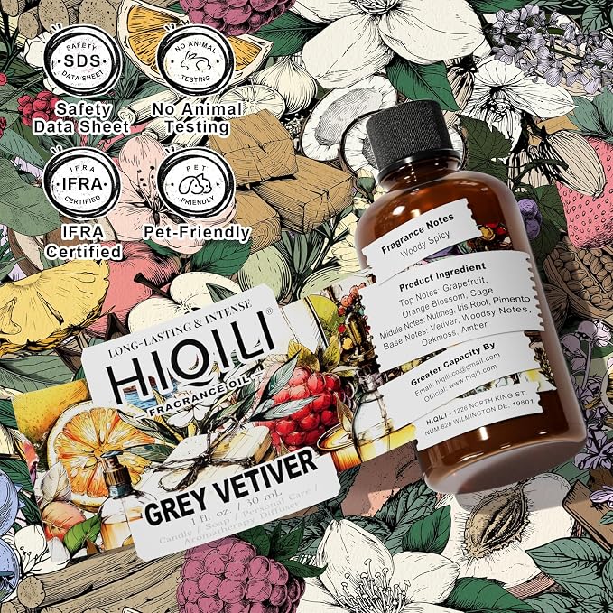 HIQILI Grey Vetiver Fragrance Oil - Perfect for DIY Candle, Soap & Air Freshening Spray Making, and Home Essential Oil Diffuser - 1 Fl Oz