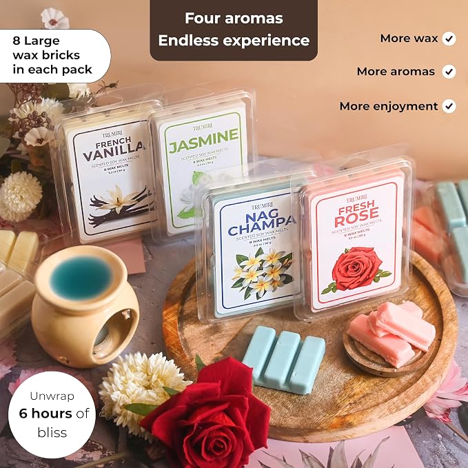 Scented Wax Melts Variety Pack of 4x8ea - Nag Champa|Fresh Rose|French Vanilla|Jasmine - Made with Non Toxic Soy Wax and Essential Oils- Long Lasting Strong Scent Pet Safe Candle Wax Cubes for Warmers