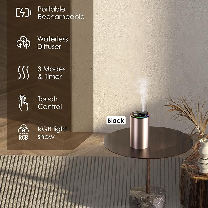 Waterless Essential Oil Diffuser, Portable Aromatherapy Diffuser,3 Countdown Timers & 3 Mist Levels for Home, Room, Car, Office