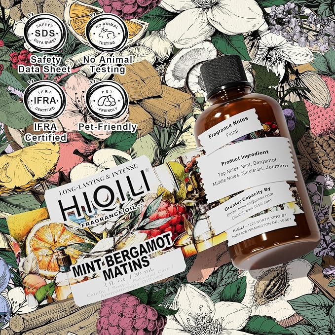HIQILI Mint Bergamot Matins Fragrance Oil for Diffuser, Candle & Soap, Hand Wash & Air Fresheners Making- Floral Notes, Long-Lasting- 1fl oz