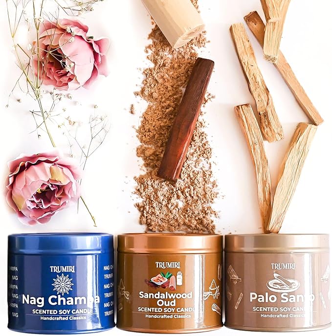Palo Santo, Nag Champa, Sandalwood Oud - Soy Candles Non Toxic - Highly Scented Long Lasting with Essential Oils - Variety Pack of 3 x 5oz - for Home Aromatherapy Meditation Gift Travel