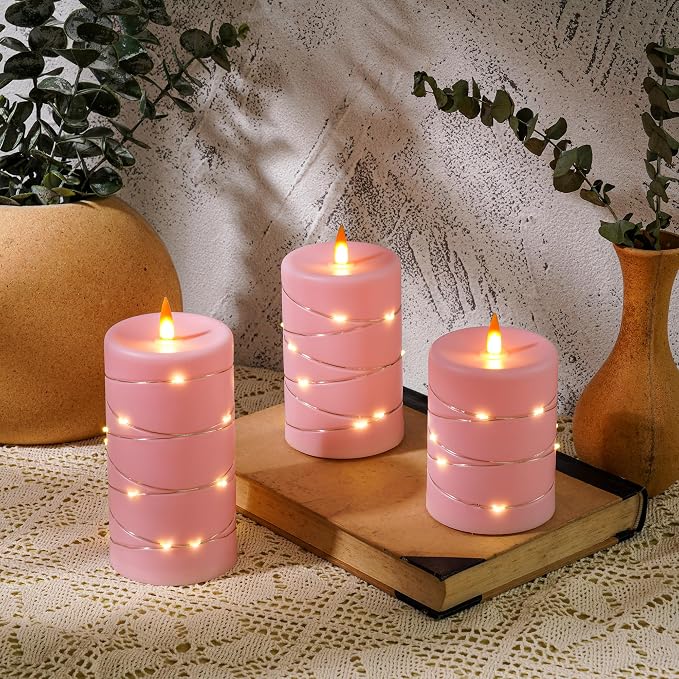Rose Pink Flameless Candles with String Lights Battery Operated Flickering LED Pillar Candles with Remote Control Timer, Set of 3 for Living Room, Table Décor, Christmas Weddings