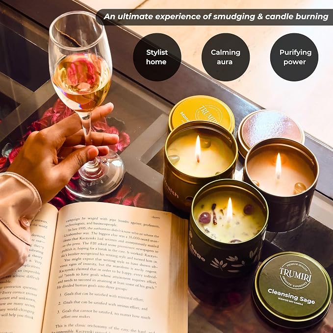 Cleansing Sage, Palo Santo, Money Wealth - Soy Candles Non Toxic - Highly Scented Long Lasting with Essential Oils - Variety Pack of 3 x 5oz - for Home Aromatherapy Meditation Gift Travel