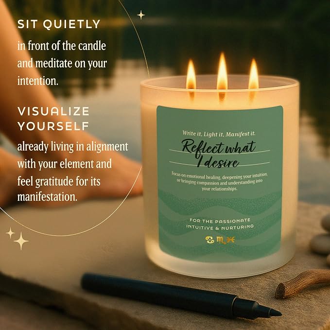 Large 14.5oz 3 Wick Zodiac Water Cancer Pisces Scorpio Zodiac Gifts for Women - 60 Hour Burn - Astrology Gifts for Women, Healing Manifestation Spiritual Candles, Intention Meditation Candle