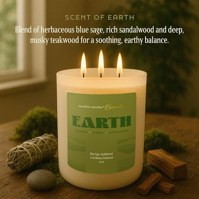 Large 14.5oz 3 Wick Zodiac Earth Taurus Virgo Capricorn Zodiac Gifts for Women - 60 Hour Burn - Astrology Gifts for Women, Healing Manifestation Spiritual Candles, Intention Meditation Candle