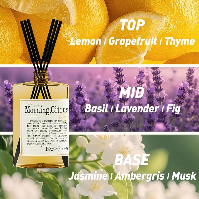 Morning Citrus Scent Reed Diffuser Refill Set 13.53 fl oz with 6 Sticks,【Wake Up Your Space】 Luxury Natural Long Lasting Home Fragrance Oil Air Freshener for Living Room and Kitchen