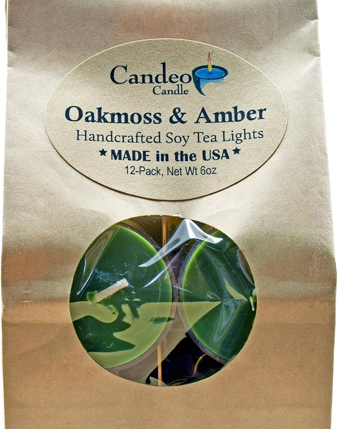 Oakmoss & Amber Scented - Soy Tealight Candles, 12 Pack - Green Tealight Candles - Highly Scented - Made with Soy Wax - Handmade in The USA - Candeo Candle - Summer Scents