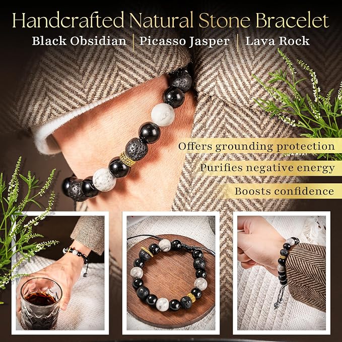 Scented Candle for Men with Luxurious Obsidian Bracelet, Teakwood for Home Scented, Hand-Poured Natural Soy Wax, Stress Relief Masculine Gift for Men, Dad, Boyrfriend, Powerful Manifestation Crystals