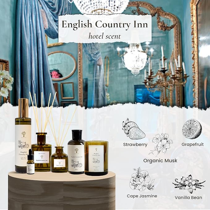 PRISTINE English Country Inn Reed Diffuser Refill with Free Reed Stick | Jasmine, Strawberry, Vanilla Oil Diffuser Refills | Premium Hotel Lobby Reed Diffuser Refill