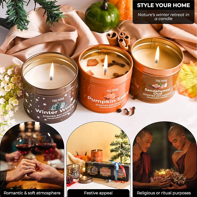 Winter Woods, Pumpkin Spice, Sandalwood Oud - Soy Candles Non Toxic - Highly Scented Long Lasting with Essential Oils - Variety Pack of 3 x 5oz - for Home Aromatherapy Meditation Gift Travel