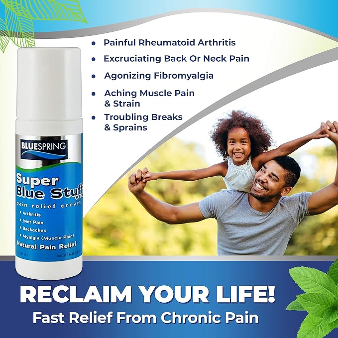 Super Blue Stuff Natural Pain Relief Roll-On with Emu Oil, 3 fl oz | Anti Inflammatory Analgesic Cream, For Back, Knee, Joint, Muscle, Arthritis, Neck Pain