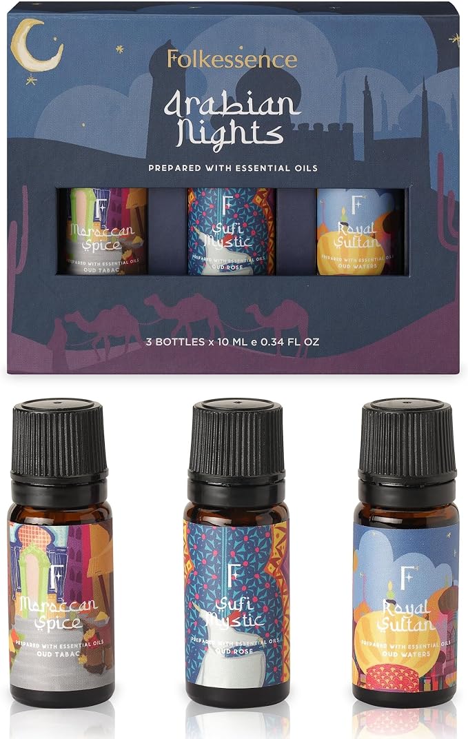 Folkulture Essential Oils Set for Diffuser | Pack of 3 Exotic Aromatherapy Oils | Oud Rose, Oud Tobacco & Amber Scents | Home Fragrance Gift Set for Relaxation & Eid Gifts | Arabian Nights