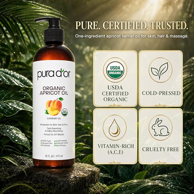PURA D'OR ORGANIC Apricot Kernel Oil (16 Oz) 100% Pure & Natural USDA Certified