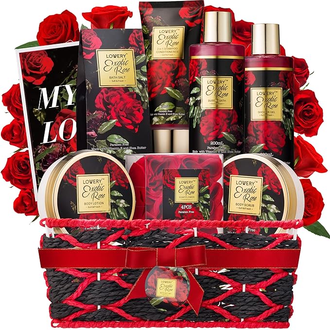 Mothers Day Gifts from Daughter and Son, Spa Bath and Body Gift Set, Exotic Rose Gift Basket for Women & Men, Thank You, Birthday, Mom, Personalized Gifts with Body Scrub, Bubble Bath, Lotion & More