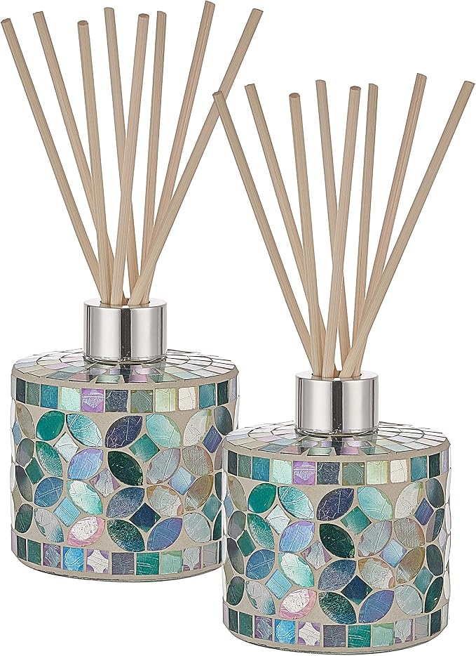 7.3oz Decorative Vertical Mosaic Glass Reed Diffuser Bottle Set with Silver Caps & 16pcs Natural Feed Sticks-Set of 2 - Ideal for Home Fragrance, Bathroom Decoration, Accent (Blue)