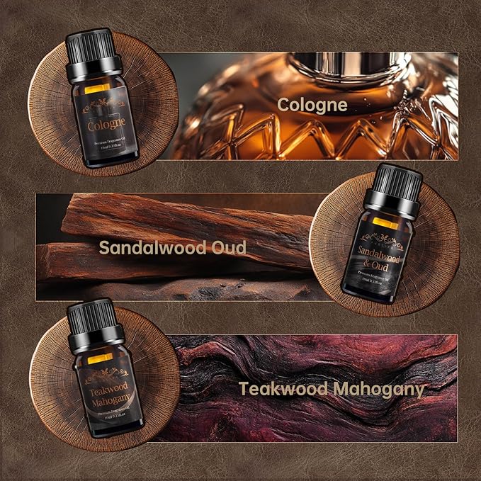 Men Essential Oils Set for Diffuser, Father's Day & Birthday Gift for Men - 6x10ml Masculine Fragrance Oils for Candle Making, Scented Oil Gift Set, Mahogany, Sandalwood, Cologne,Smoke Vanilla,Leather