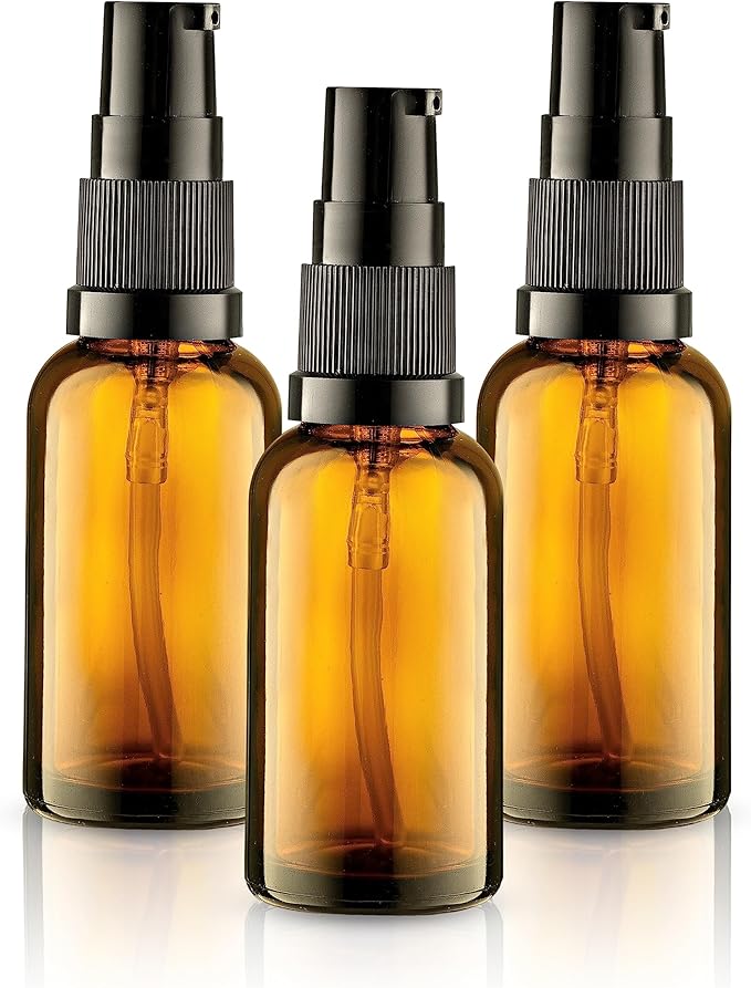VitalUp 3 Pack Empty Refillable Glass Amber Pump Bottle Ideal for Lotion Cream Essential Oil Travel Small Container, 30ml