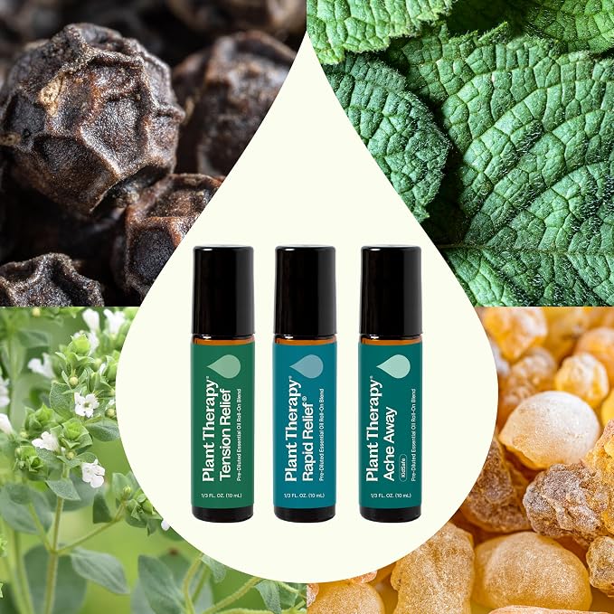 Plant Therapy Pain Support Essential Oil Roll On Blend Set, 10 mL (1/3 oz) Each of Ache Away, Rapid Relief & Tension Relief, Pure, Pre-Diluted, Essential Oil Blends