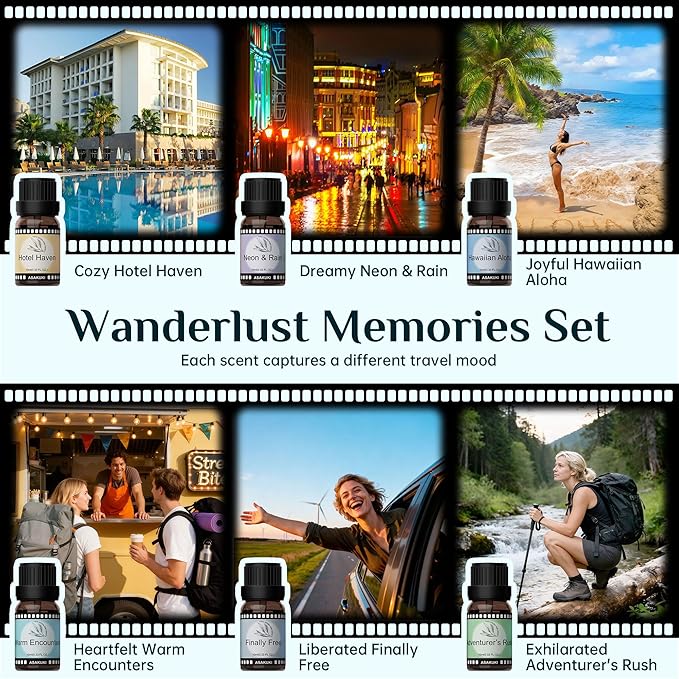 ASAKUKI Diffuser Oils Set, 6 Premium Oil Blends for Diffusers, Travel-Inspired Collection, Essential Oils for Home, Office & Bedroom