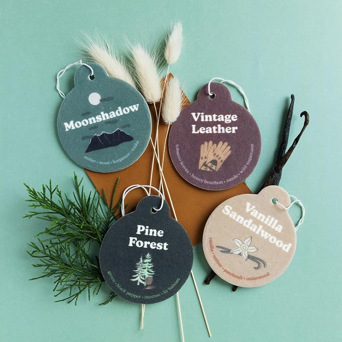 Happy Wax Earthy Mix Car Charms 4-Pack - Includes: Moonshadow, Pine Forest, Vanilla Sandalwood and Vintage Leather