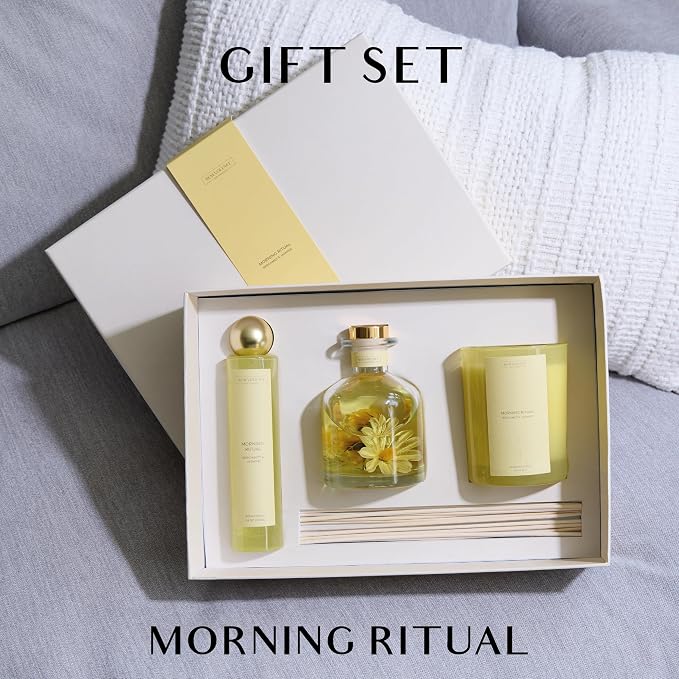 Benevolence LA Morning Ritual Gift Box | Candle, Room Spray & Reed Diffuser | Bergamot & Jasmine | Invigorating Home Fragrance | Ready for Gifting | Gift Set for Women