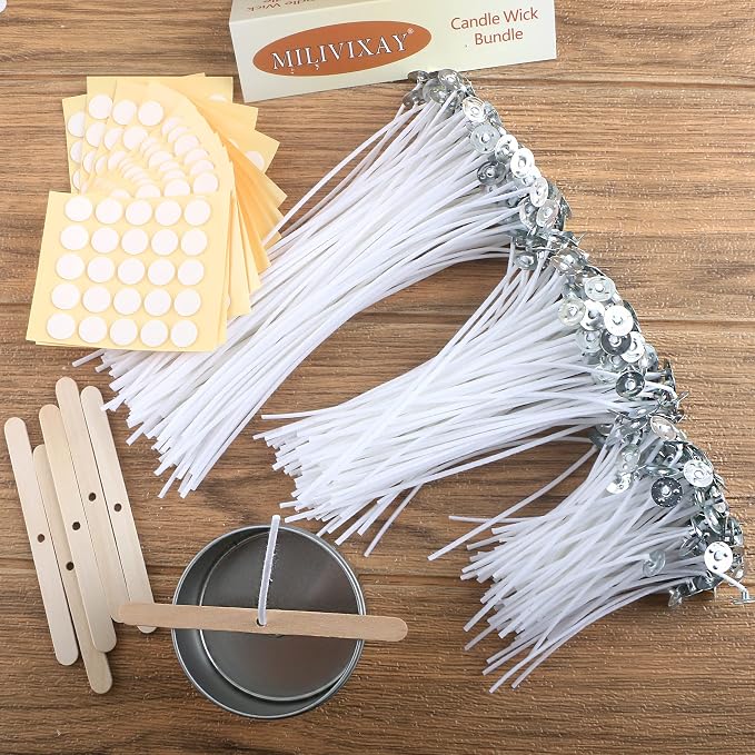 MILIVIXAY 300pcs Cotton Candle Wicks (3.5"/6"/8"), 300pcs Stickers, 6pcs Wooden Wick Holders - Candle Making Kit