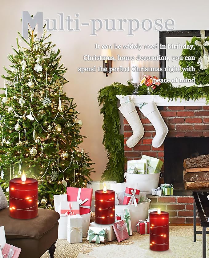 Red Flameless Candles with String Lights Battery Operated LED Pillar Candles 4‘’ 5‘’ 6‘’ Candle with Remote Control,Fake Candle Set of 3 for Christmas or Special Festivals Decorations