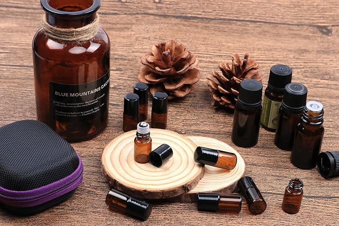 Furnido 25 Pack 2ml Amber Glass Roll on Bottle For Essential Oils,Perfume Vial with Stainless Steel Roller Ball,Black Caps Mini Sample Vials Cosmetics Small Container