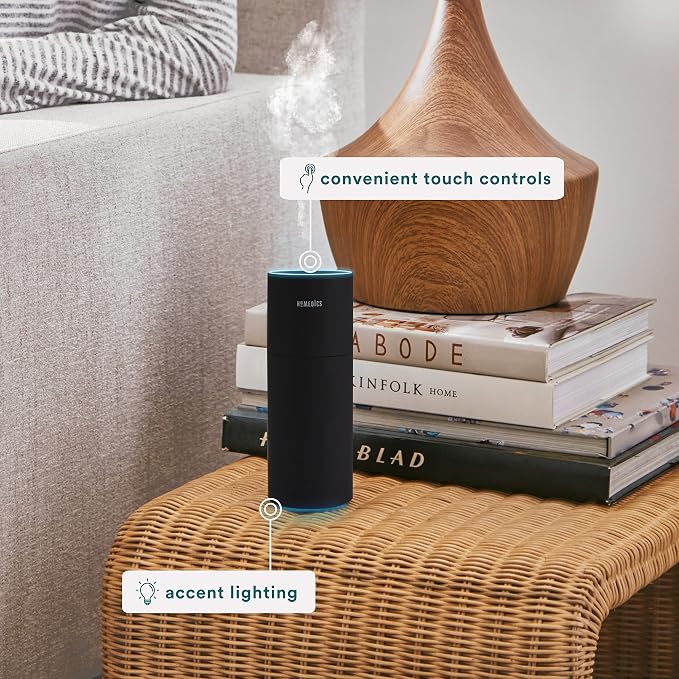 Homedics Portable Humidifier - Small Air Humidifiers for Bedroom, Plants, Office, Travel - Cool Mist Humidifiers, Color-Changing Accent Light, 2 Mist Settings, Matte Black