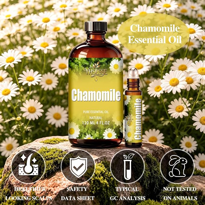 Chamomile Essential Oil, Chamomile Oil 4 Fl Oz 120ml for Diffuser Yoga Soap & Candle Making – with 0.33 Oz Roller Ball & Dropper YHSESSE Essential Oils