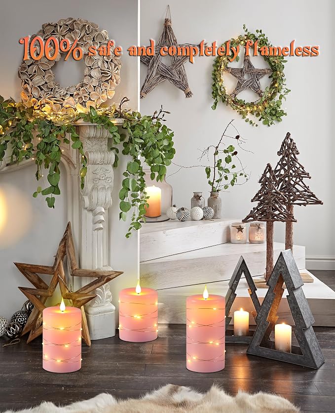 Upinmz Flickering Flameless Candles with Embedded String Lights, Battery Operated Candles with Remote Control and Timer,LED Candles for Home Decoration,Real Wax, 3 Pack Pink