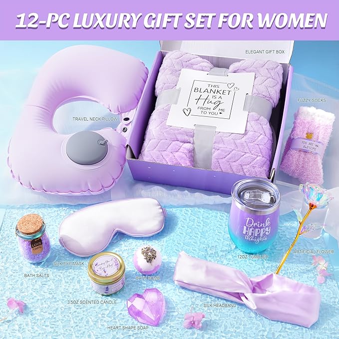 LUCOTIYA Gifts for Women, Get Well Soon Birthday Gift Basket for Her Friends Daughter Bestie Teachers Self Care Package with Flannel Blanket Idea for Mom