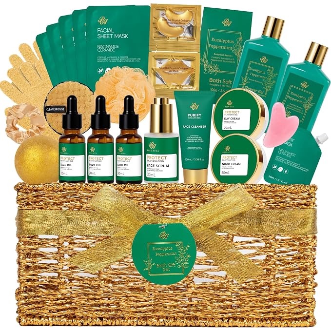 Gifts for Women & Men, Eucalyptus 32 Pcs Home Spa Basket Gift Set for Women & Men, Self-Care Relaxation Set, Face Skin Care Kit, Bath & Body Gifts Basket, Birthday, Christmas, Valentines, Anniversary