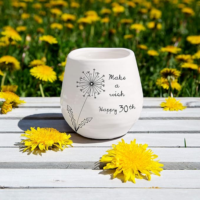 Pavilion Gift Company - 8 Oz Candle Holder - White Ceramic Candle Jar with 100% Soy Wax Candle Serenity Scent "Make a wish Happy 30th" Ideal Gift for Loved Ones - Printed Text, Love Theme & Oval Shape
