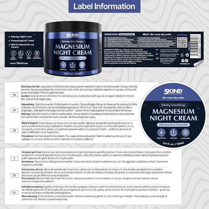5Kind Magnesium Lotion for Sleep 3.4 fl oz - Magnesium Sleep Cream - Topical Magnesium Cream - Relaxing Lavender & Chamomile Magnesium - Infused with Lavender Essential Oils - Natural Sleep Aid