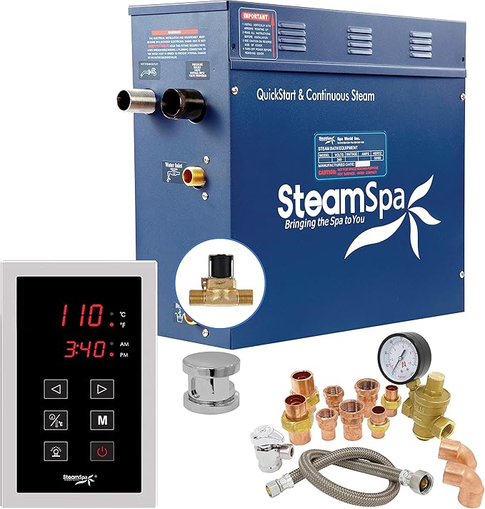 6kW Steam Sauna Generator Premium Bundle 240V Steam Generator with Touch Pad Control, Steamheads, Pressure Relief Valve, Built-in Auto Drain and Plumber Quick Install Kit PRT600CH-A