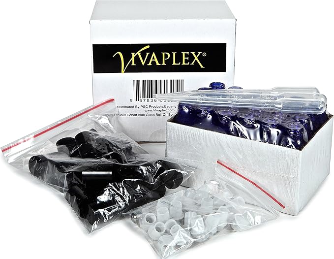 Vivaplex, 24, Frosted, Cobalt Blue, 10 ml Glass Roll-on Bottles with Stainless Steel Roller Balls. 3-3 ml Droppers included